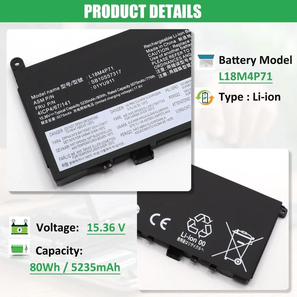 RHKRKQN L18M4P71 Battery for Lenovo ThinkPad X1 Extreme P1 Gen 1/2 80Wh